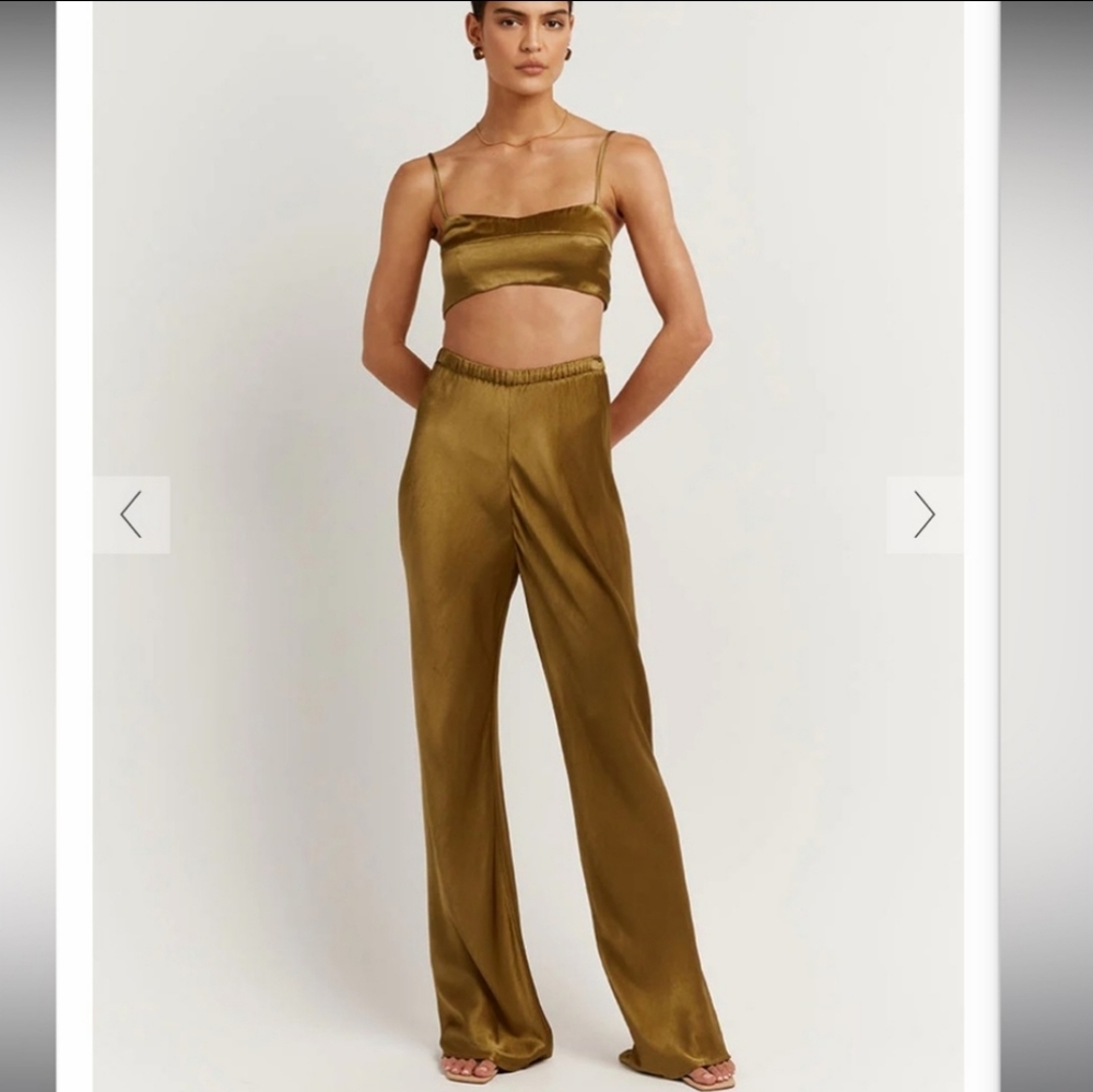 NWT DISSH Simone Chartreuse Satin Gold High Waist Pants Size 8